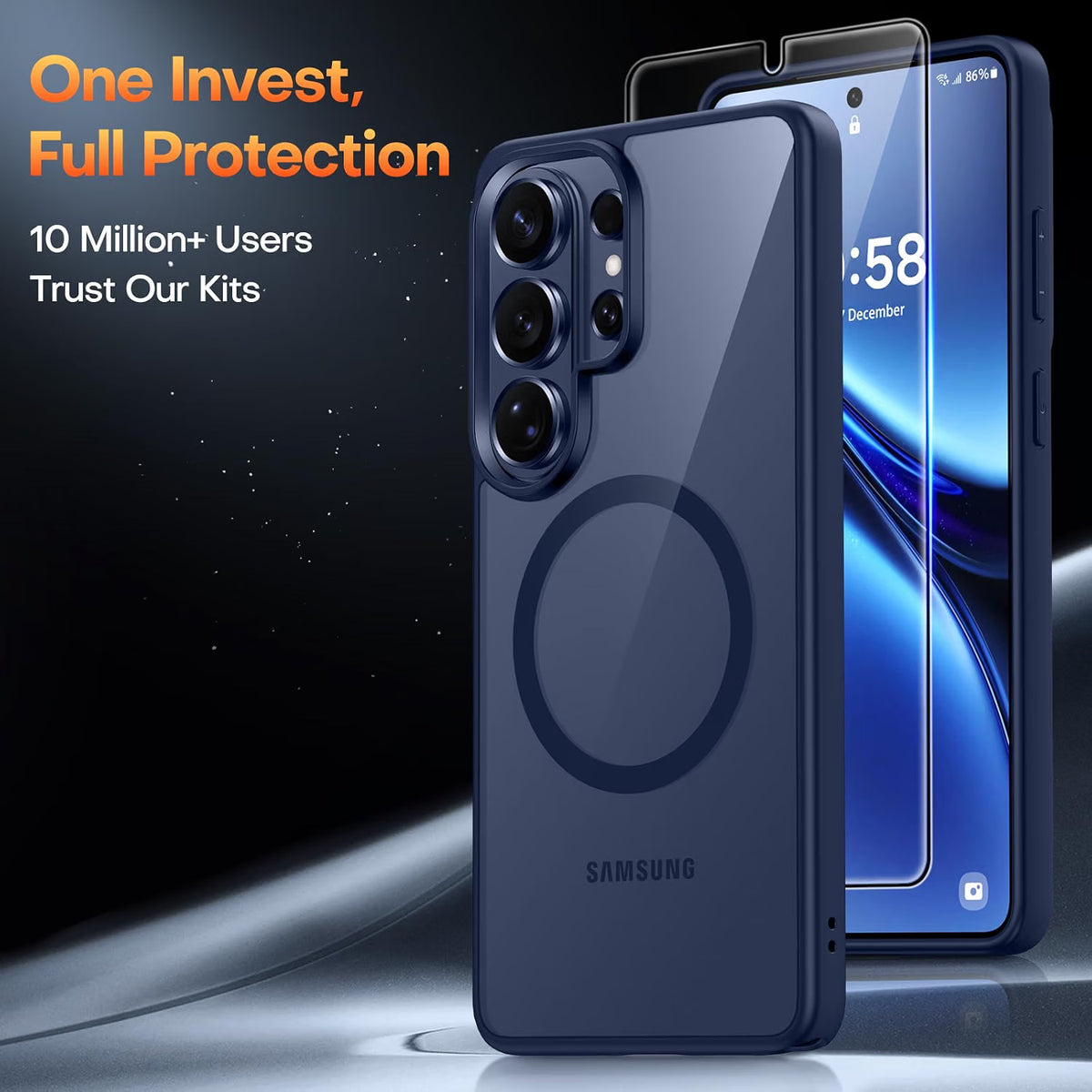 TAURI magnetic blue protective case for Samsung Galaxy S26 Ultra with shockproof design and 9H tempered glass screen protector.
