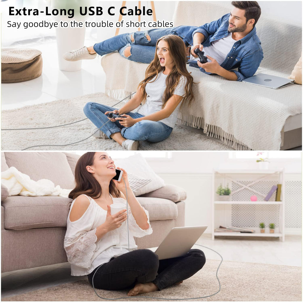 Teeaam 60W USB C to USB C Cable [Extra Long] | Fast Charging for MacBook, iPad Pro, Galaxy, Switch | Nylon Braided & 40,000+ Bend Lifespan