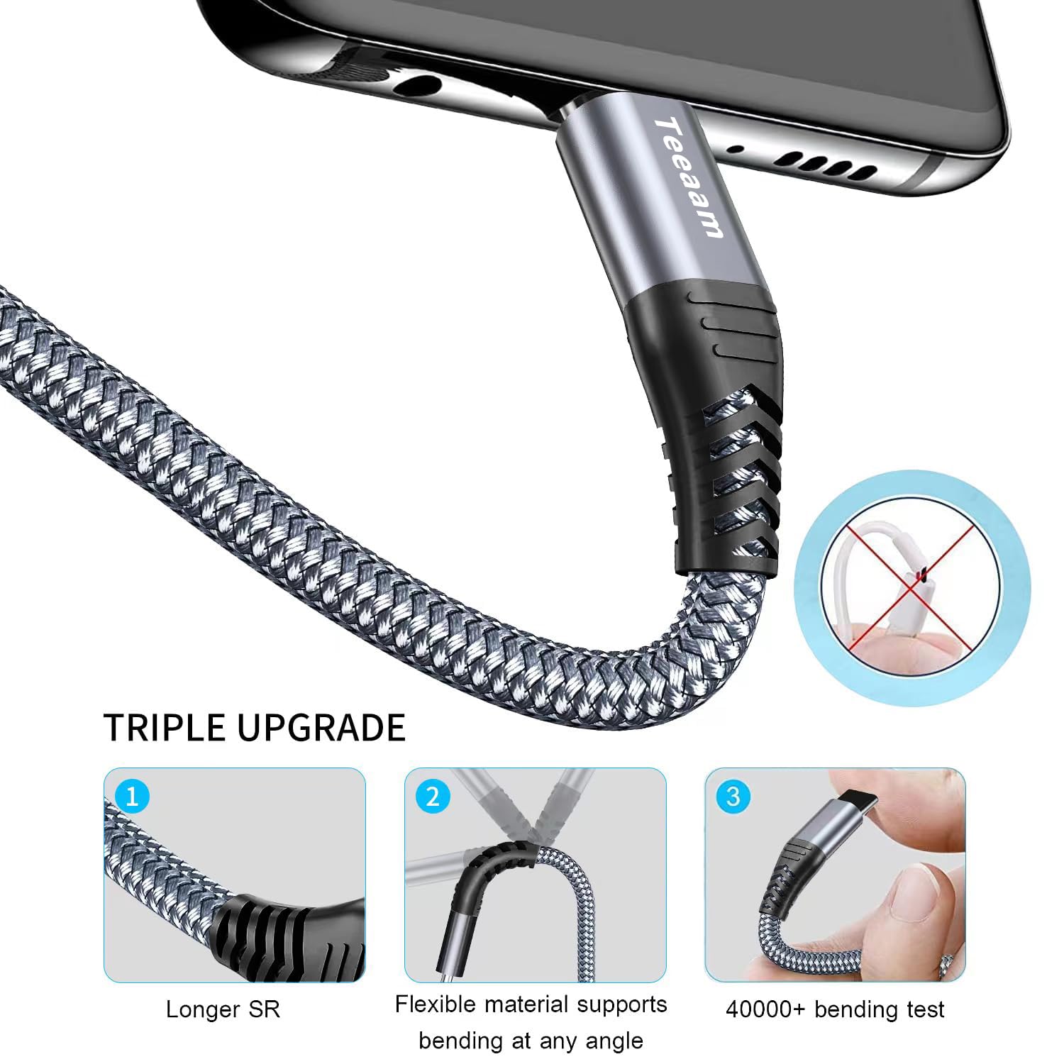 Teeaam 60W USB C to USB C Cable [Extra Long] | Fast Charging for MacBook, iPad Pro, Galaxy, Switch | Nylon Braided & 40,000+ Bend Lifespan