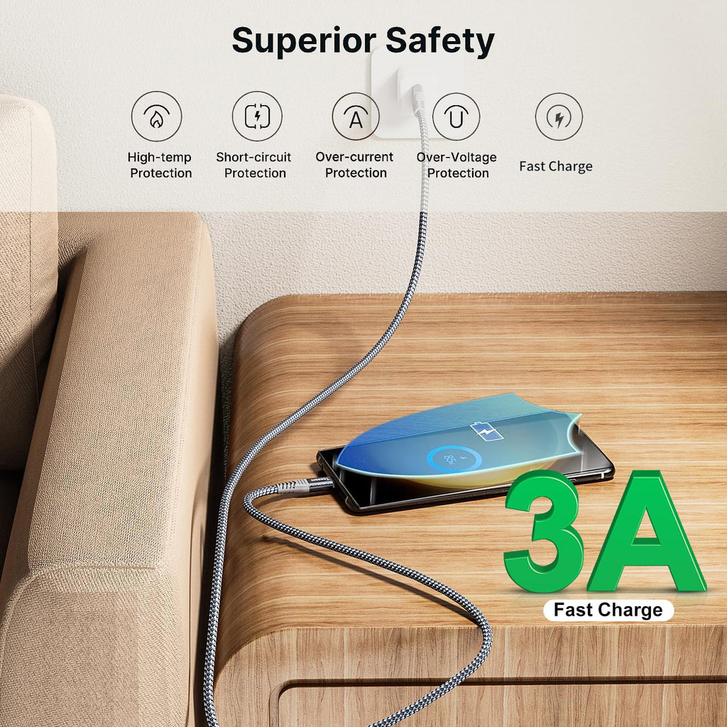 Teeaam 60W USB C to USB C Cable [Extra Long] | Fast Charging for MacBook, iPad Pro, Galaxy, Switch | Nylon Braided & 40,000+ Bend Lifespan