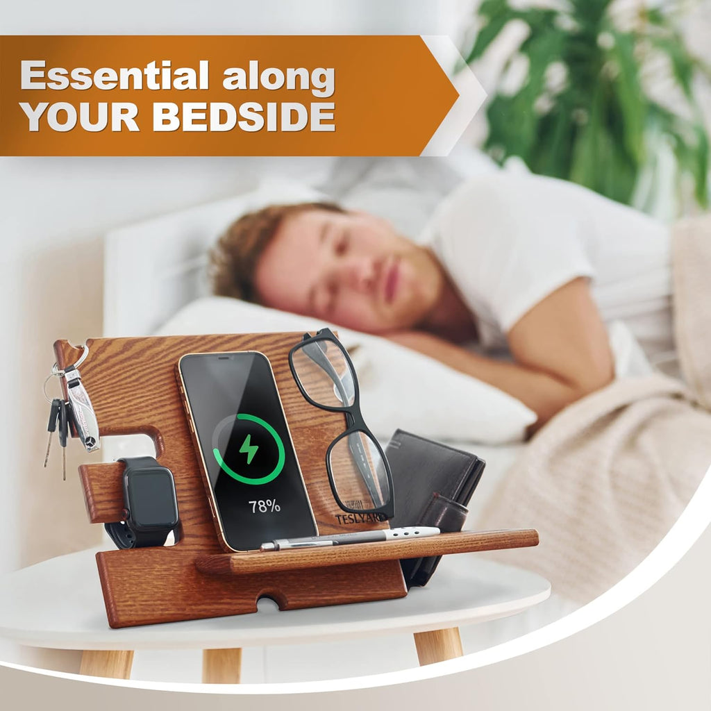 Teslyar Solid Ash Wood Phone Docking Station | Desk & Nightstand Organizer with Cable Management | Gift for Men, Dad, Husband