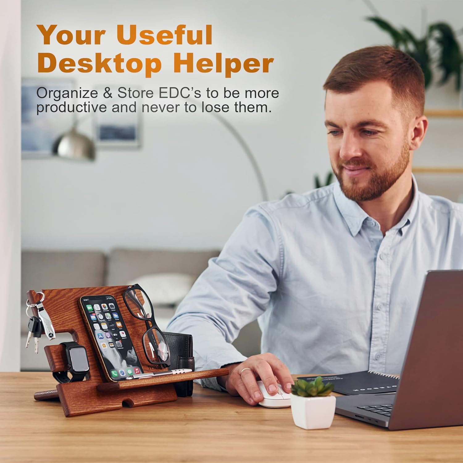 Teslyar Solid Ash Wood Phone Docking Station | Desk & Nightstand Organizer with Cable Management | Gift for Men, Dad, Husband