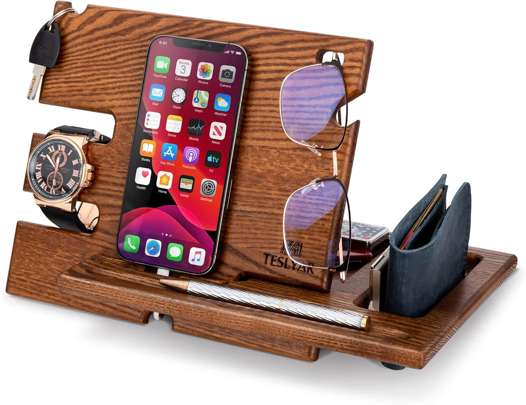 Teslyar Solid Ash Wood Phone Docking Station | Desk & Nightstand Organizer with Cable Management | Gift for Men, Dad, Husband
