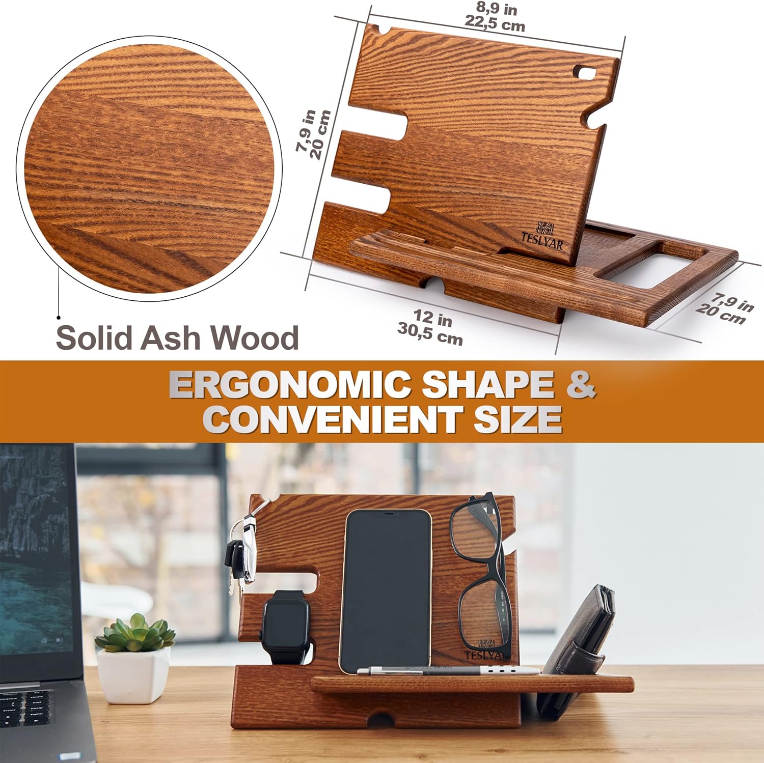 Teslyar Solid Ash Wood Phone Docking Station | Desk & Nightstand Organizer with Cable Management | Gift for Men, Dad, Husband