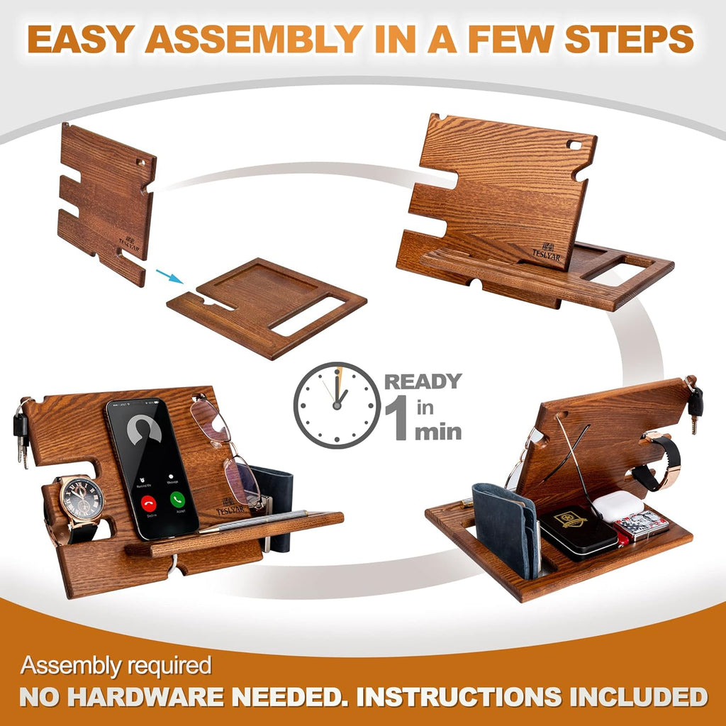 Teslyar Solid Ash Wood Phone Docking Station | Desk & Nightstand Organizer with Cable Management | Gift for Men, Dad, Husband