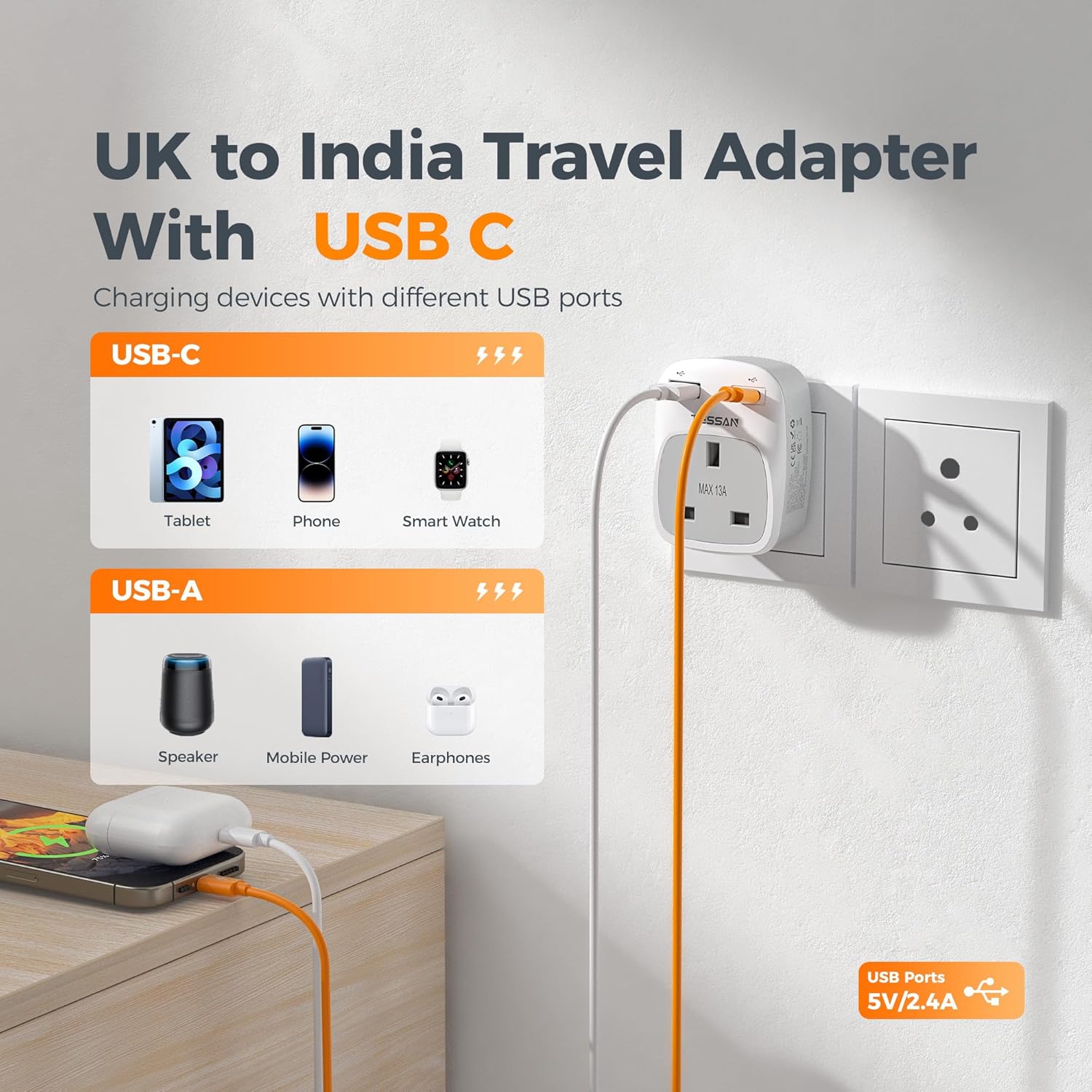 Tessan UK to India plug adapter 2-pack with Type D sockets, 2 USB ports including USB-C, compact travel power adapter for multiple countries