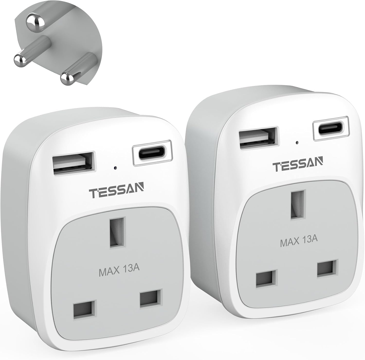 Tessan UK to India plug adapter 2-pack with Type D sockets, 2 USB ports (1 USB-C), compact travel power adapter for multiple countries