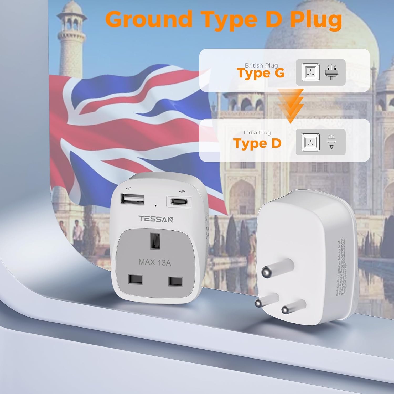 Tessan UK to India plug adapter 2-pack with Type D socket, 2 USB ports including USB-C, compact travel power adapter for multiple countries