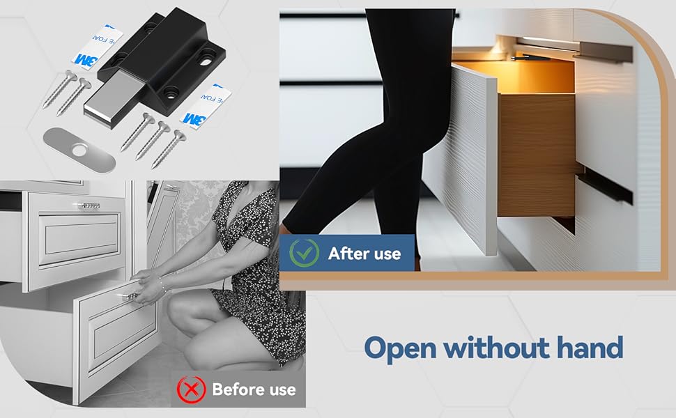 Tonitrui Magnetic Push to Open Latches - 6 Pack Black Handleless Cabinet Door Latch - No Drill / Screw Install