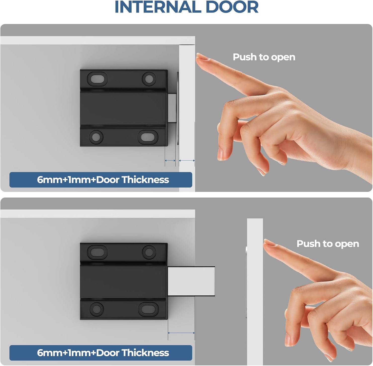 Tonitrui Magnetic Push to Open Latches - 6 Pack Black Handleless Cabinet Door Latch - No Drill / Screw Install