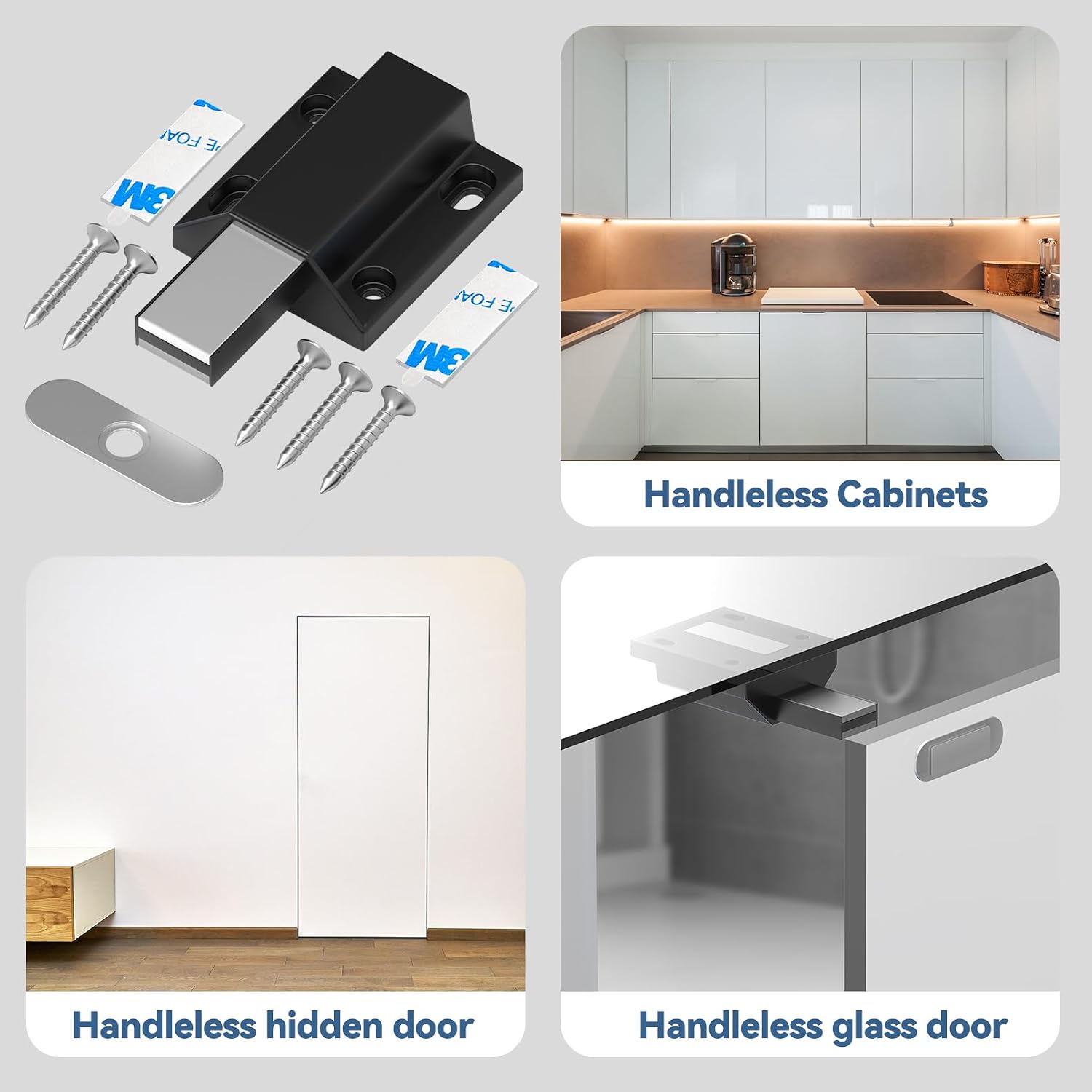 Tonitrui Magnetic Push to Open Latches - 6 Pack Black Handleless Cabinet Door Latch - No Drill / Screw Install