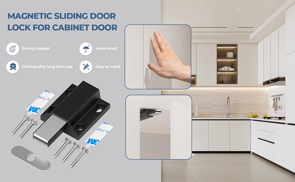 Tonitrui Magnetic Push to Open Latches - 6 Pack Black Handleless Cabinet Door Latch - No Drill / Screw Install