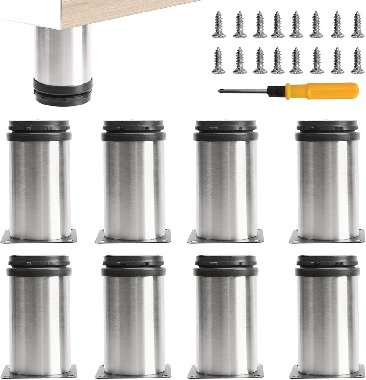 Toolzia 8Pcs Adjustable Furniture Legs 4  10cm - Stainless Steel Sofa, Table, Cabinet Feet - Silver