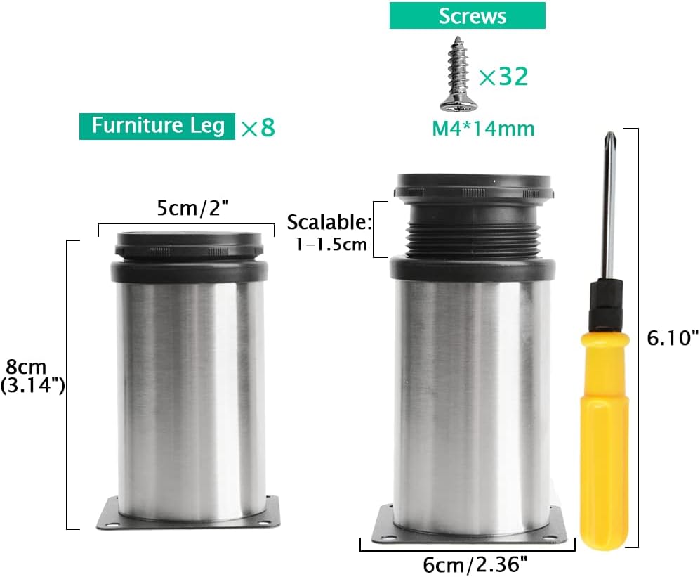Toolzia 8Pcs Adjustable Furniture Legs 4  10cm - Stainless Steel Sofa, Table, Cabinet Feet - Silver