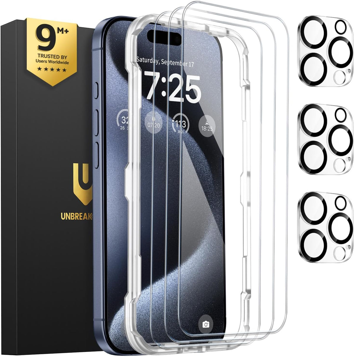 UNBREAKcable 3-Pack For iPhone 15 Pro / 16 Plus Screen Protector + Camera Lens Protector - 9H Military-Grade Dual-Tempered Glass, HD Clarity