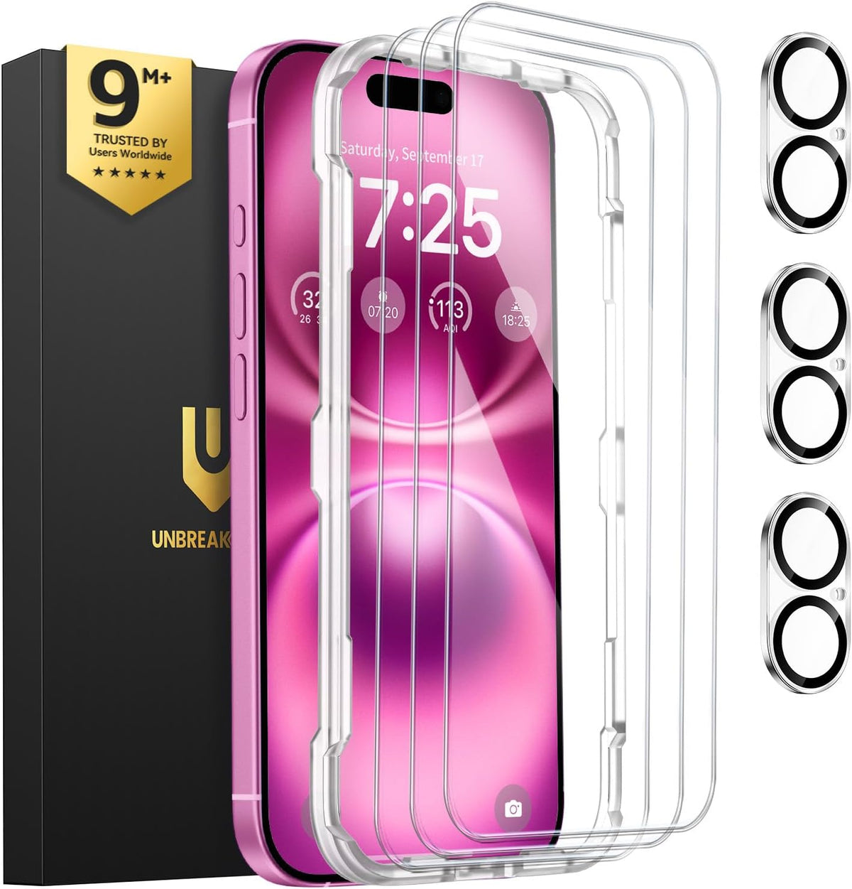 UNBREAKcable 3-Pack For iPhone 15 Pro / 16 Plus Screen Protector + Camera Lens Protector - 9H Military-Grade Dual-Tempered Glass, HD Clarity