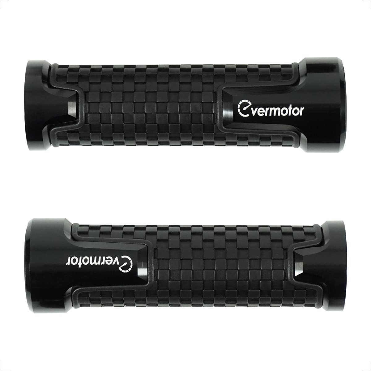 Black CNC aluminum motorcycle grips by Evermotor, 22mm and 24mm anti-slip handlebar grips for Harley, Honda, Kawasaki, and more.
