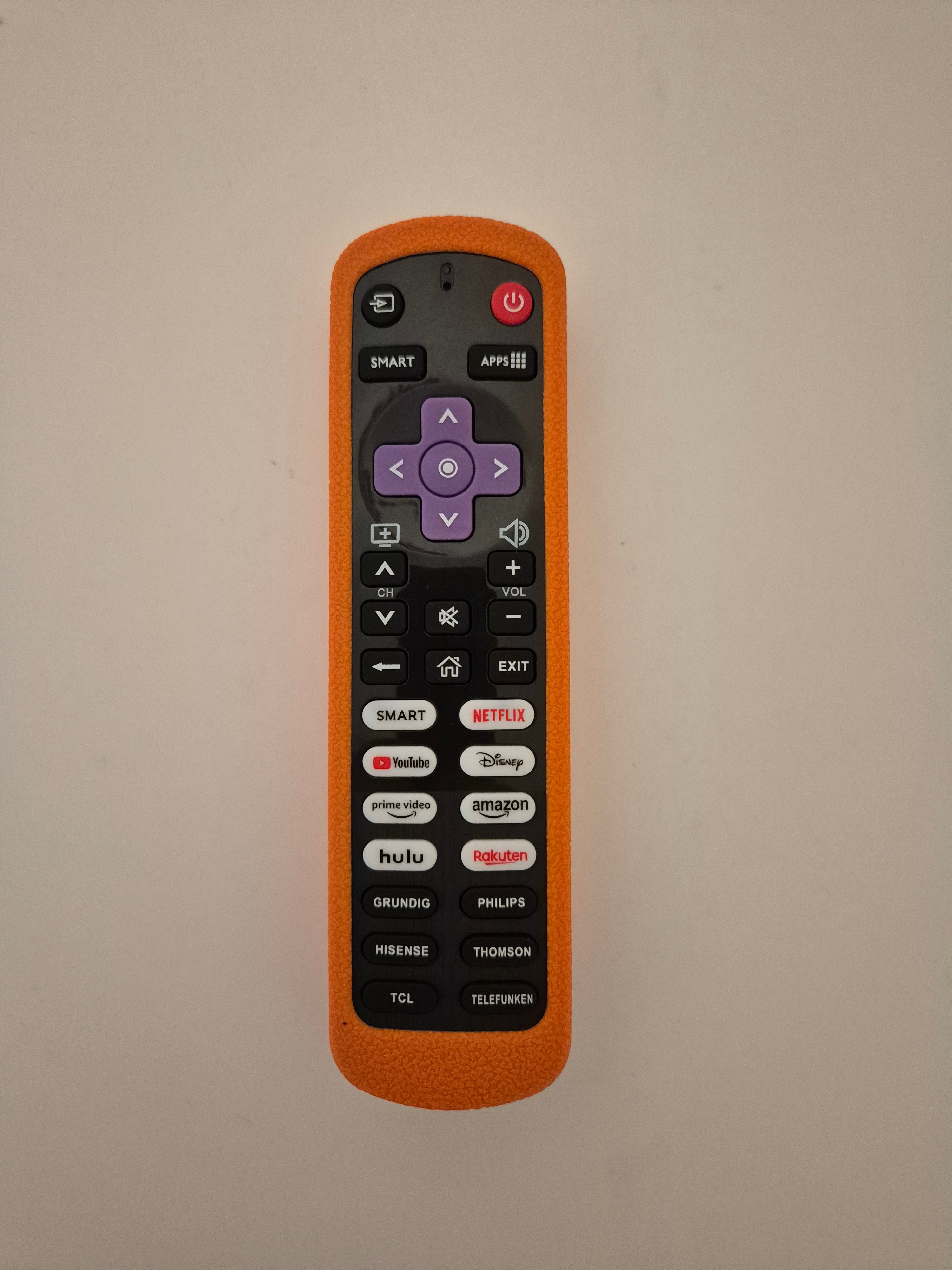 USB-C rechargeable universal remote for Roku TV by MUXIJUNXI, showing sleek black design with USB-C port for battery-free operation.