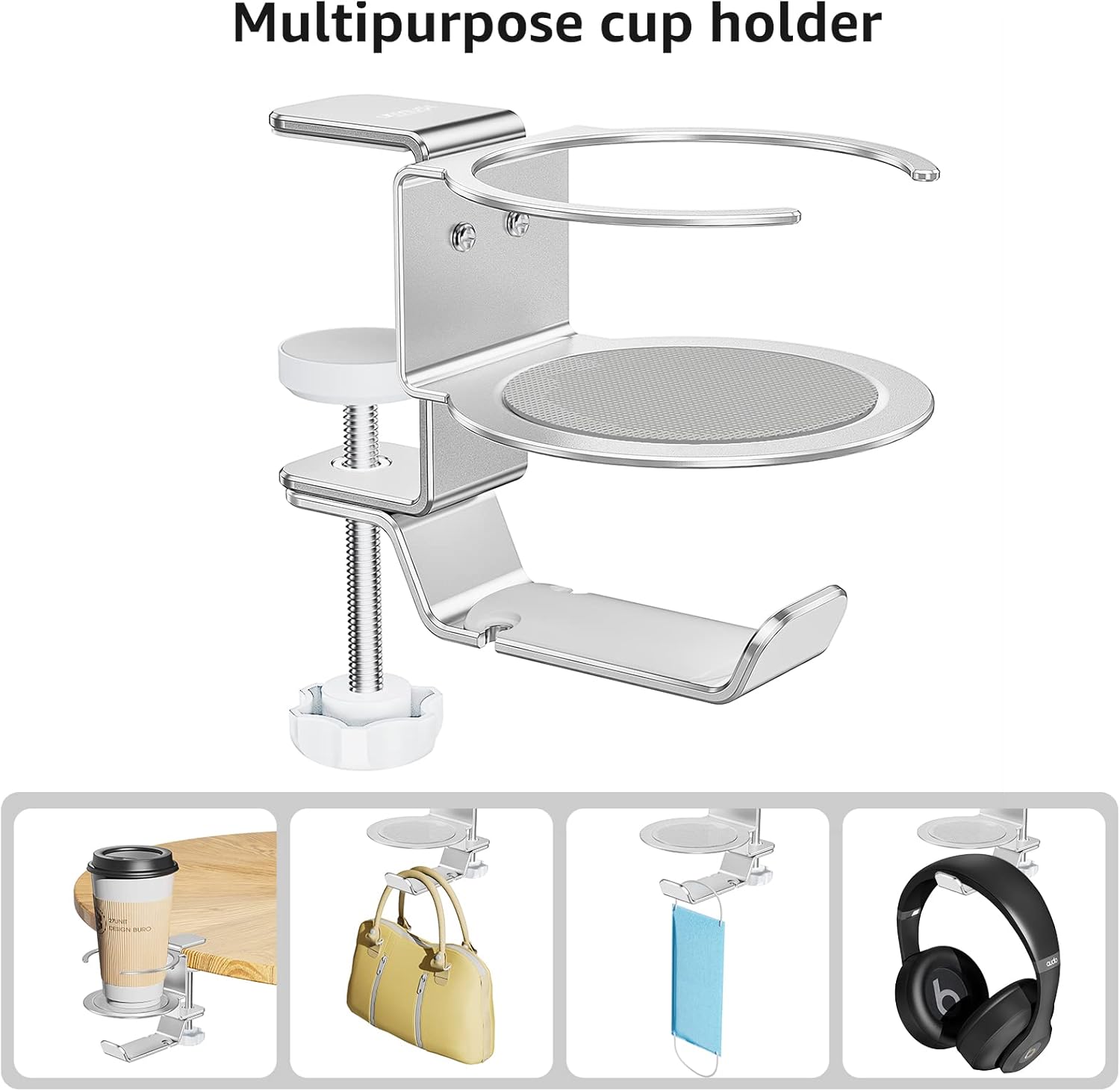 Urmust 2-in-1 Adjustable Desk Cup Holder & Headphone Hanger - Space-Saving Metal Headset Stand with 360° Rotation for PC Gaming, Office, Home (Silver) - Zeta Store