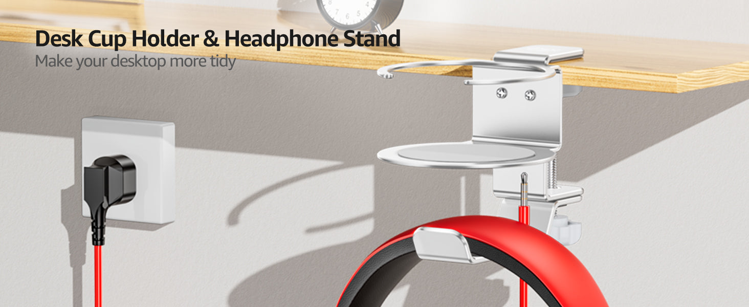 Urmust 2-in-1 Adjustable Desk Cup Holder & Headphone Hanger - Space-Saving Metal Headset Stand with 360° Rotation for PC Gaming, Office, Home (Silver) - Zeta Store