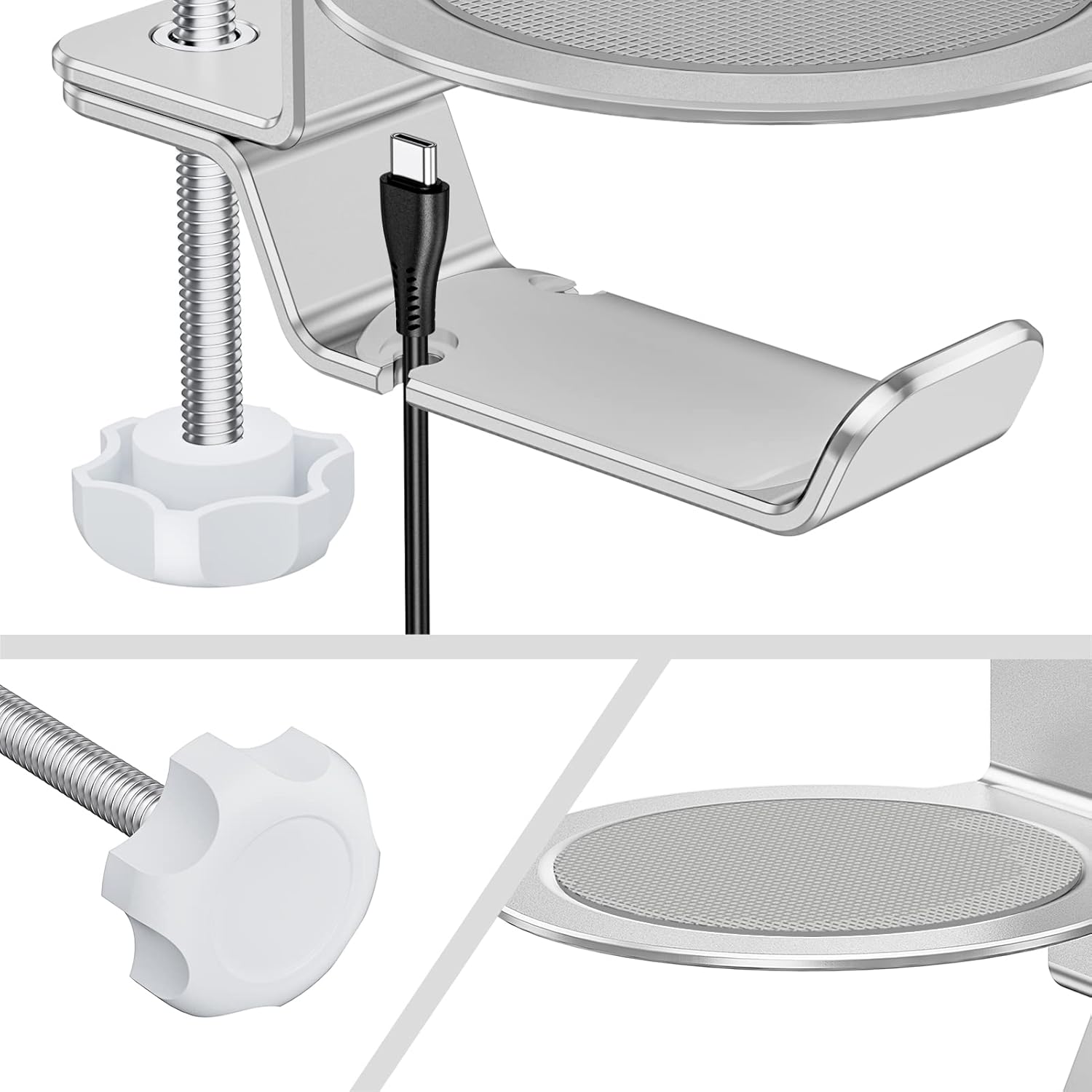 Urmust 2-in-1 Adjustable Desk Cup Holder & Headphone Hanger - Space-Saving Metal Headset Stand with 360° Rotation for PC Gaming, Office, Home (Silver) - Zeta Store