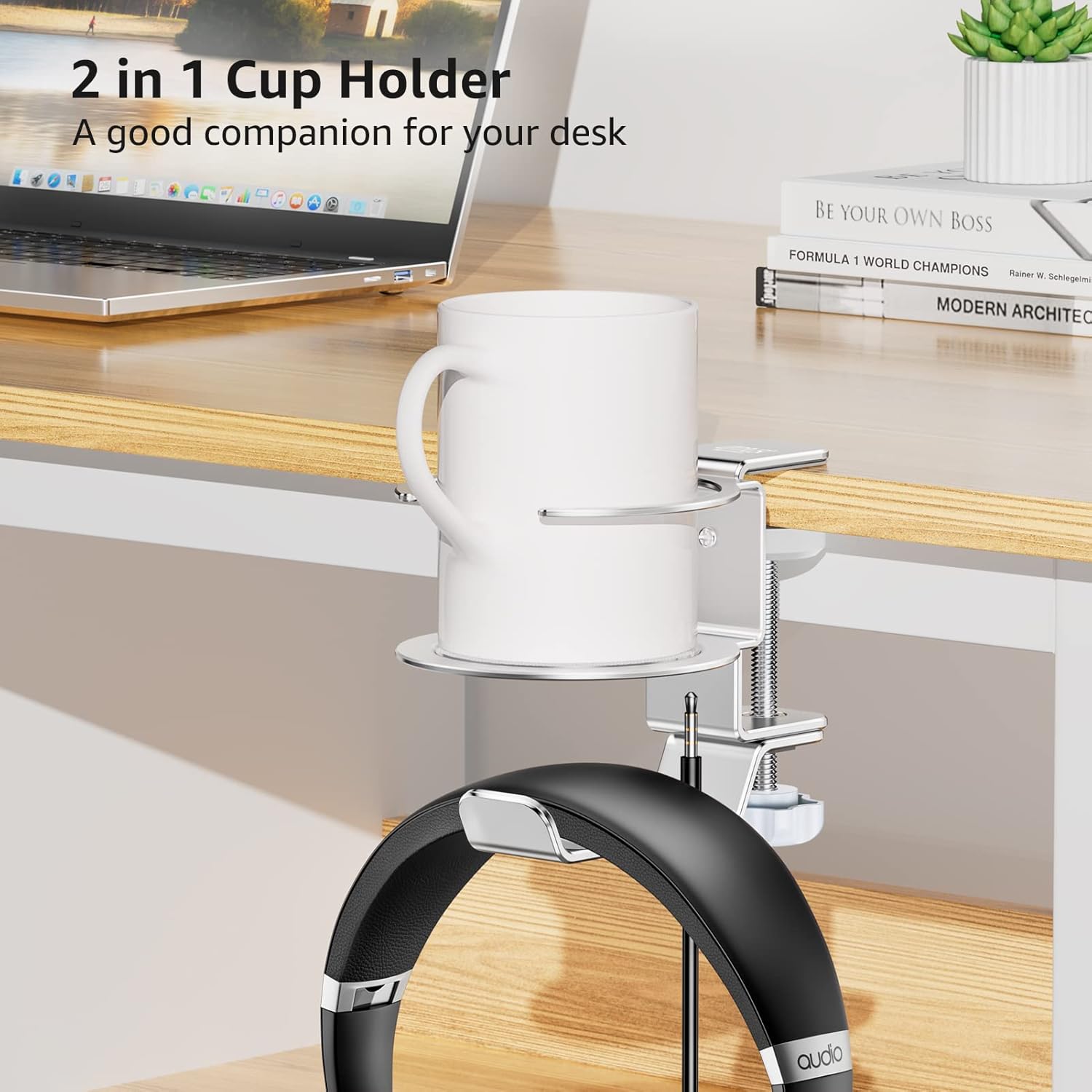 Urmust 2-in-1 Adjustable Desk Cup Holder & Headphone Hanger - Space-Saving Metal Headset Stand with 360° Rotation for PC Gaming, Office, Home (Silver) - Zeta Store