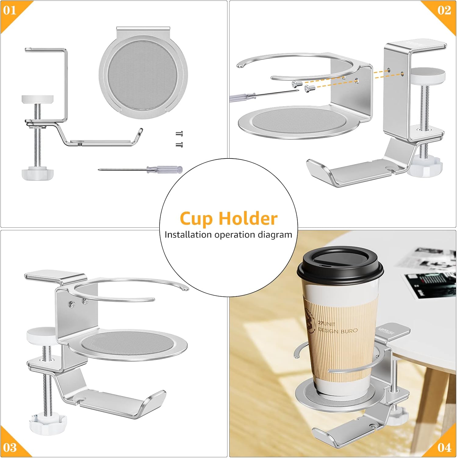Urmust 2-in-1 Adjustable Desk Cup Holder & Headphone Hanger - Space-Saving Metal Headset Stand with 360° Rotation for PC Gaming, Office, Home (Silver) - Zeta Store