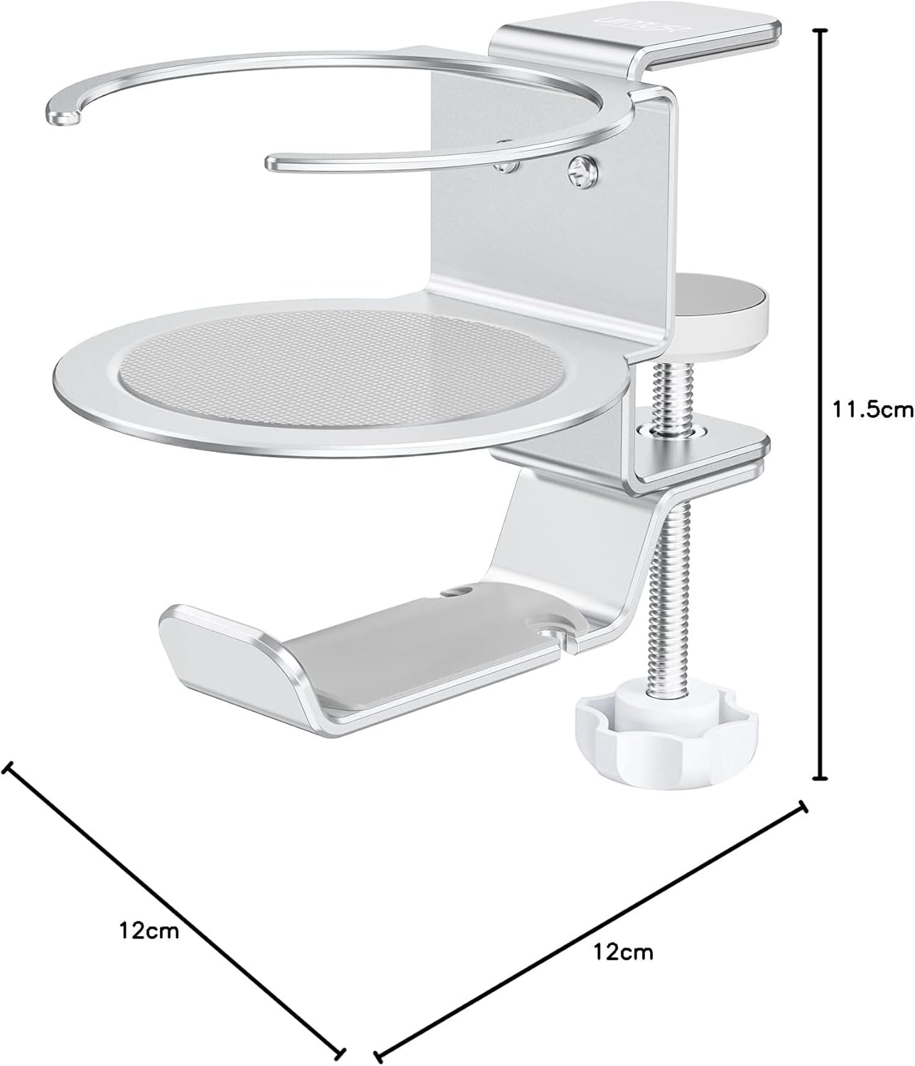 Urmust 2-in-1 Adjustable Desk Cup Holder & Headphone Hanger - Space-Saving Metal Headset Stand with 360° Rotation for PC Gaming, Office, Home (Silver) - Zeta Store