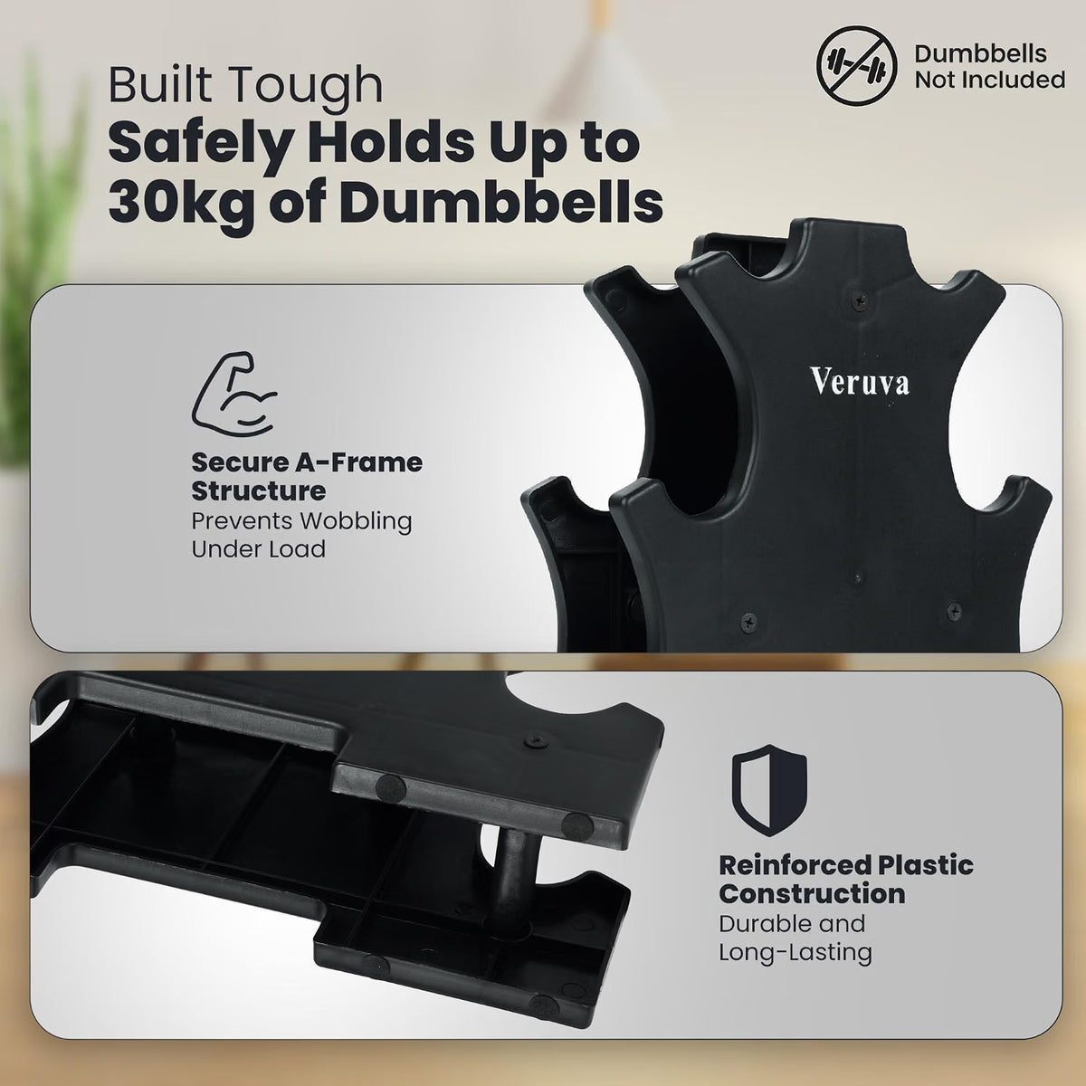 VERUVA 3-Tier Dumbbell Rack Stand - Compact Home Gym Weight Storage with Anti-Slip Pads & Carry Handle - 30KG Capacity, 31x28x8.5cm (Dumbbells Not Included)