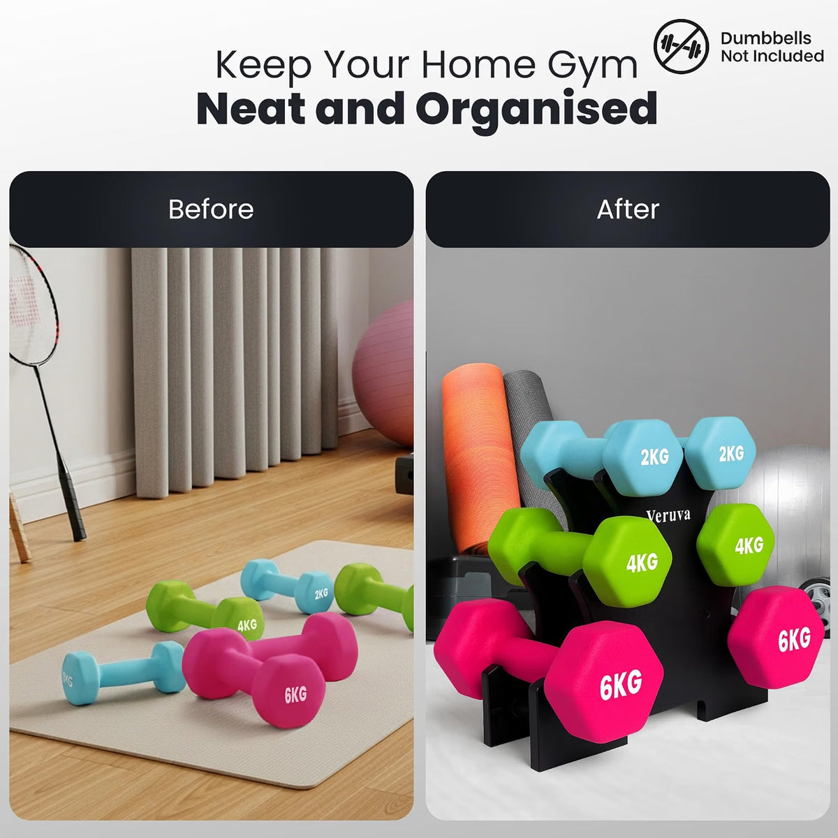 VERUVA 3-Tier Dumbbell Rack Stand - Compact Home Gym Weight Storage with Anti-Slip Pads & Carry Handle - 30KG Capacity, 31x28x8.5cm (Dumbbells Not Included)