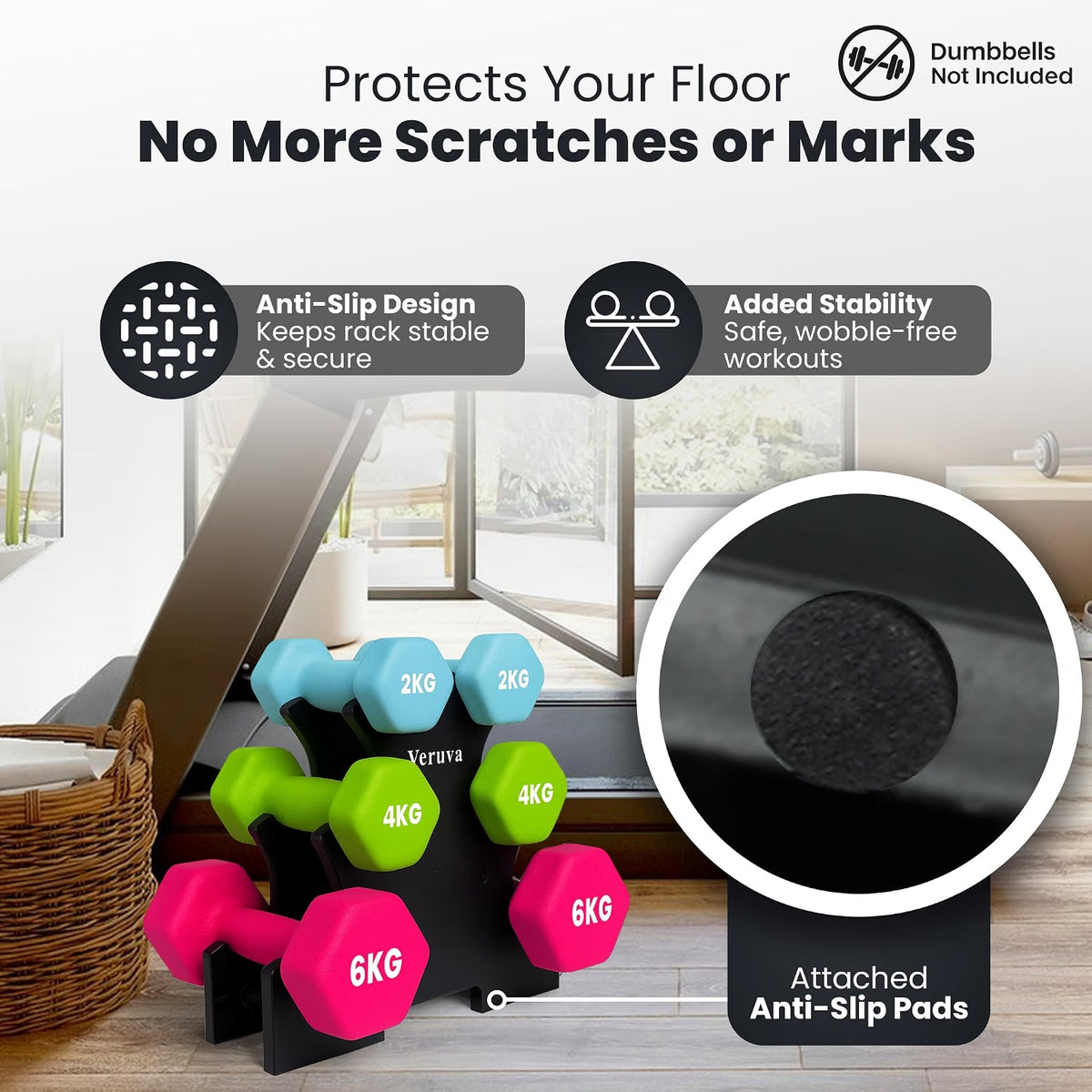 VERUVA 3-Tier Dumbbell Rack Stand - Compact Home Gym Weight Storage with Anti-Slip Pads & Carry Handle - 30KG Capacity, 31x28x8.5cm (Dumbbells Not Included)