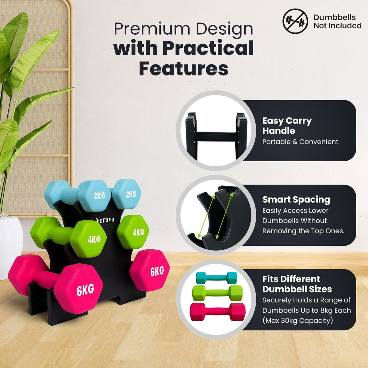 VERUVA 3-Tier Dumbbell Rack Stand - Compact Home Gym Weight Storage with Anti-Slip Pads & Carry Handle - 30KG Capacity, 31x28x8.5cm (Dumbbells Not Included)