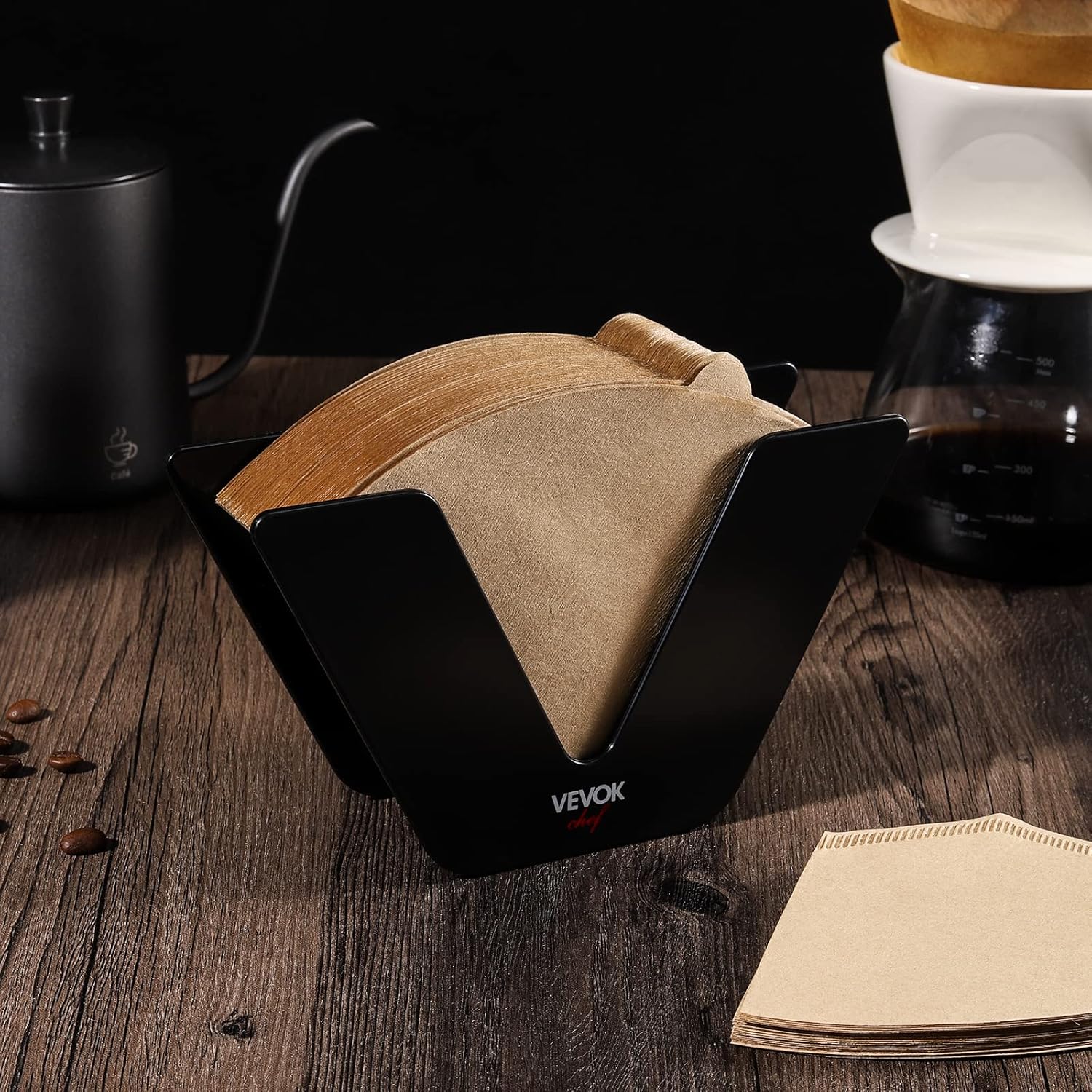 VEVOK Chef coffee filter holder with 100 paper filters, black space-saving stand for cone, V60, Aeropress brewing accessories.