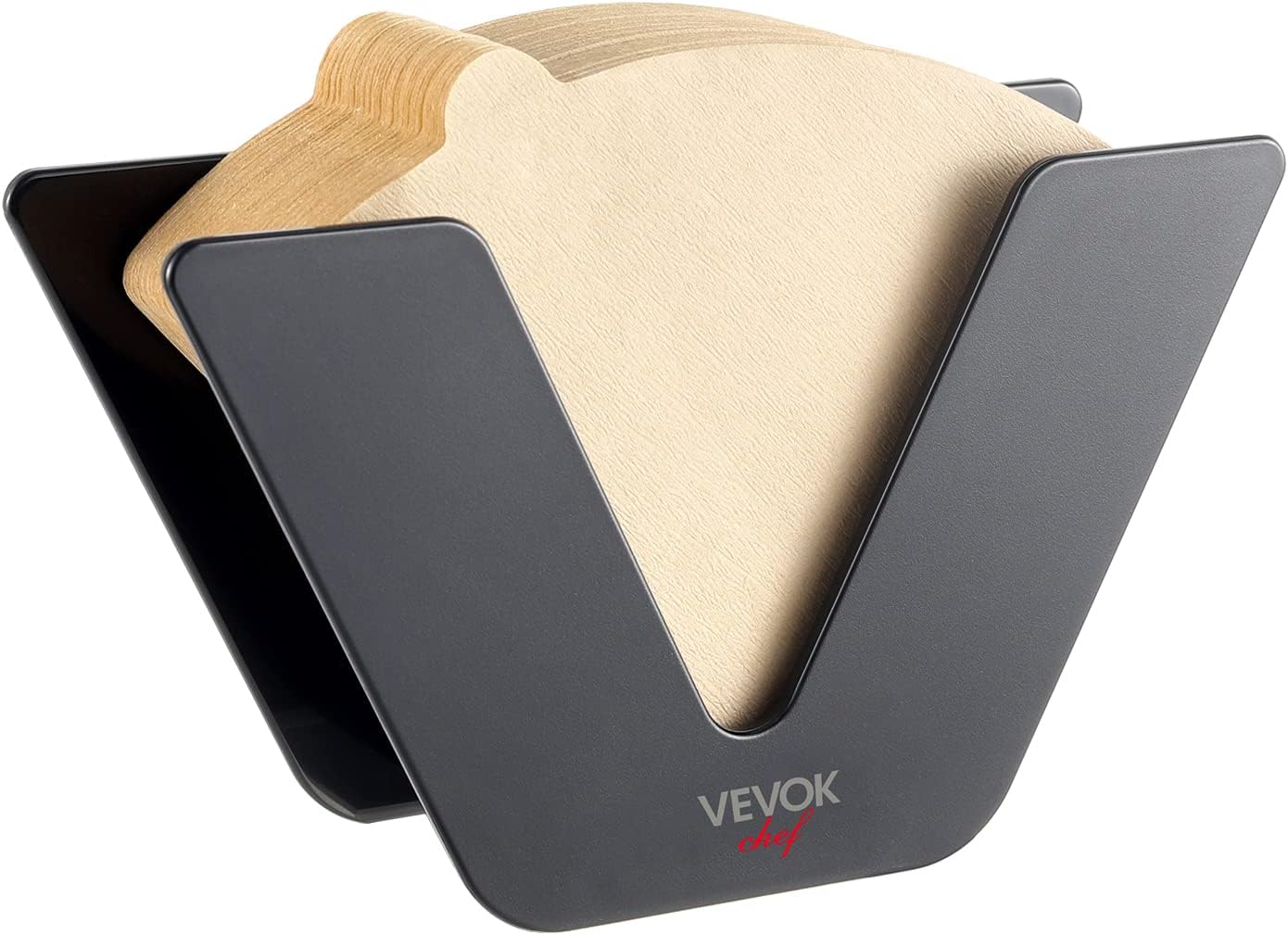 VEVOK Chef coffee filter holder with 100-pack #2 filters, black space-saving paper rack for cone, V60, Aeropress brewing.