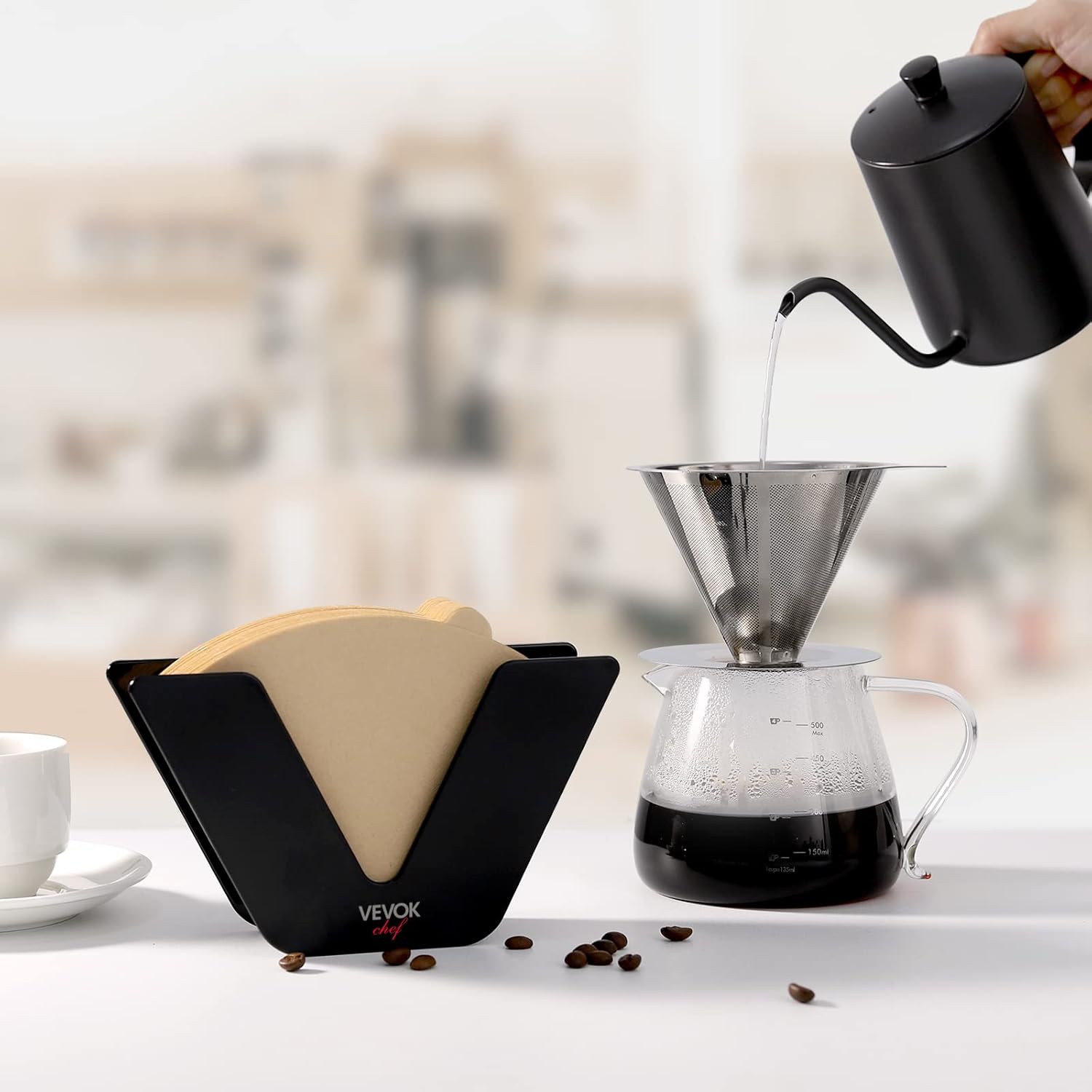 VEVOK black coffee filter holder with 100 #2 filters, space-saving paper rack for cone, V60, Aeropress, minimalist design