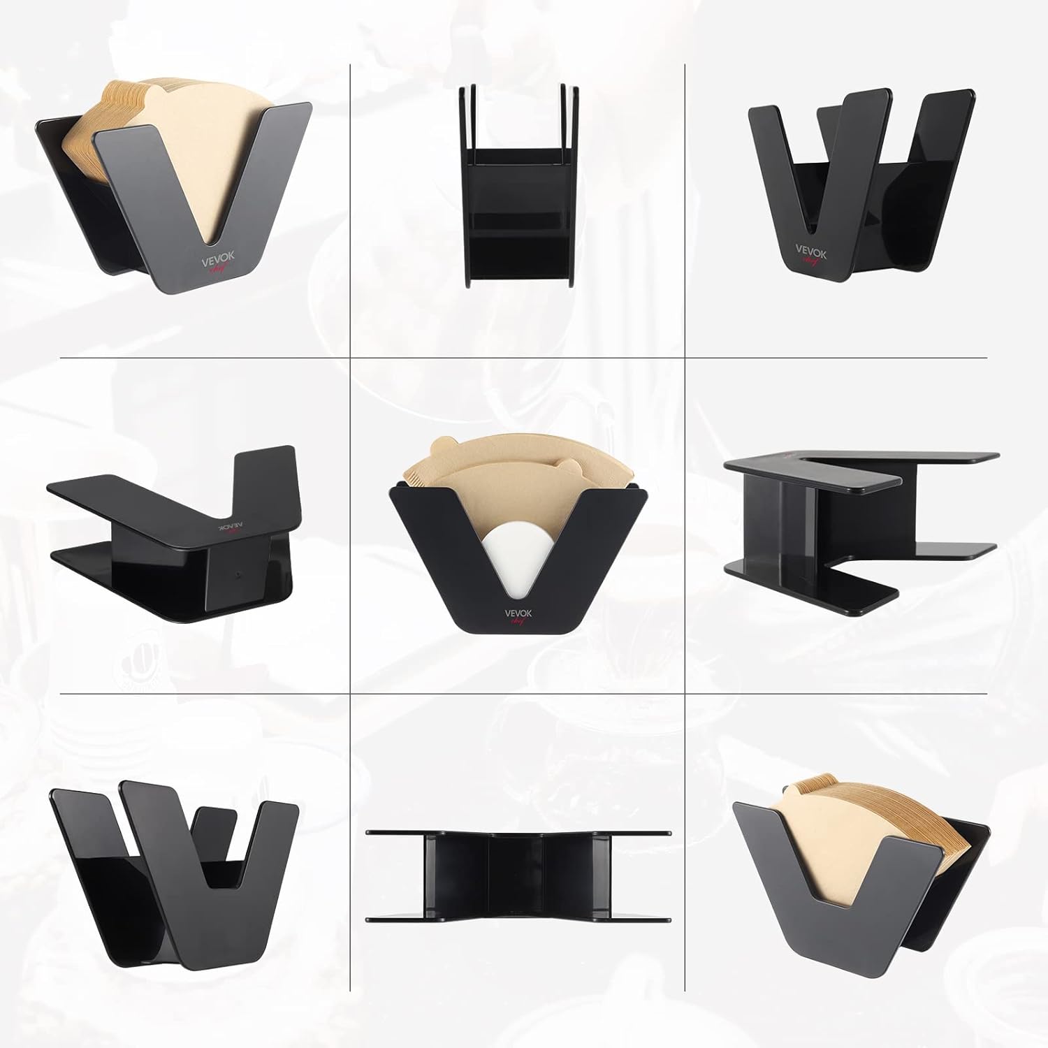 Black VEVOK chef coffee filter holder with 100 paper filters, space-saving stand for cone, V60, Aeropress brewing accessories.