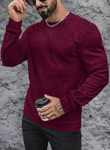 VOGSTART - Man Round Neck Long Sleeve T-Shirt Lightweight Knit Pullover Stretchy Solid Color T-Shirt