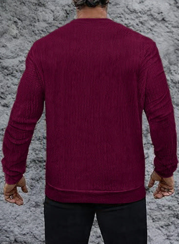 VOGSTART - Man Round Neck Long Sleeve T-Shirt Lightweight Knit Pullover Stretchy Solid Color T-Shirt