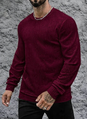VOGSTART - Man Round Neck Long Sleeve T-Shirt Lightweight Knit Pullover Stretchy Solid Color T-Shirt