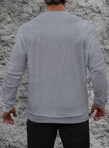 VOGSTART - Man Round Neck Long Sleeve T-Shirt Lightweight Knit Pullover Stretchy Solid Color T-Shirt