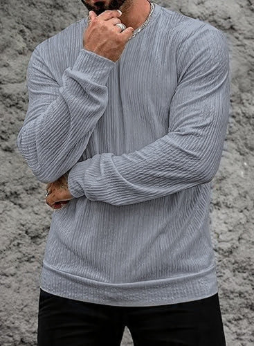VOGSTART - Man Round Neck Long Sleeve T-Shirt Lightweight Knit Pullover Stretchy Solid Color T-Shirt