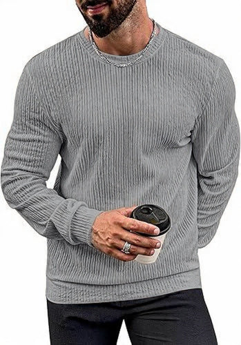 VOGSTART - Man Round Neck Long Sleeve T-Shirt Lightweight Knit Pullover Stretchy Solid Color T-Shirt