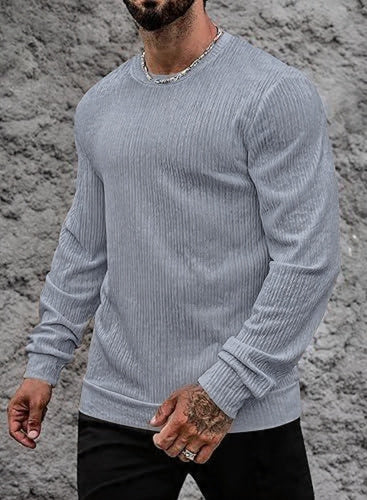 VOGSTART - Man Round Neck Long Sleeve T-Shirt Lightweight Knit Pullover Stretchy Solid Color T-Shirt