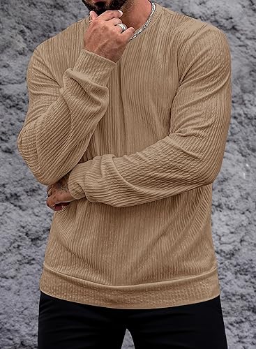 VOGSTART - Man Round Neck Long Sleeve T-Shirt Lightweight Knit Pullover Stretchy Solid Color T-Shirt