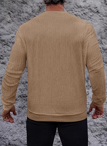 VOGSTART - Man Round Neck Long Sleeve T-Shirt Lightweight Knit Pullover Stretchy Solid Color T-Shirt