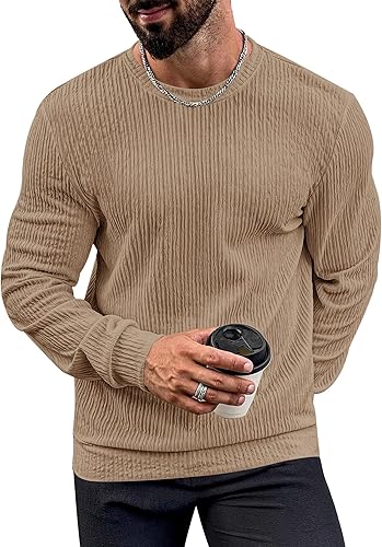 VOGSTART - Man Round Neck Long Sleeve T-Shirt Lightweight Knit Pullover Stretchy Solid Color T-Shirt
