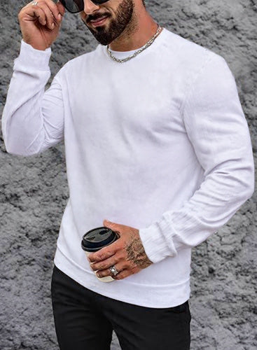 VOGSTART - Man Round Neck Long Sleeve T-Shirt Lightweight Knit Pullover Stretchy Solid Color T-Shirt