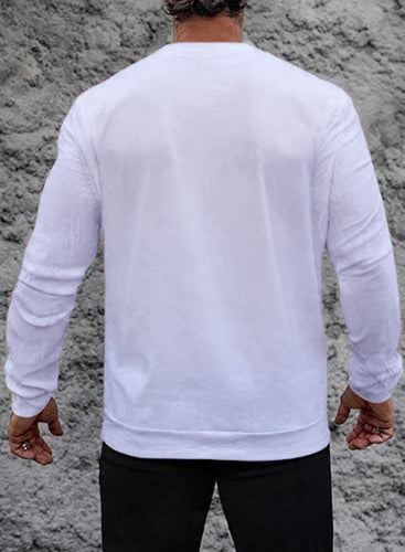 VOGSTART - Man Round Neck Long Sleeve T-Shirt Lightweight Knit Pullover Stretchy Solid Color T-Shirt