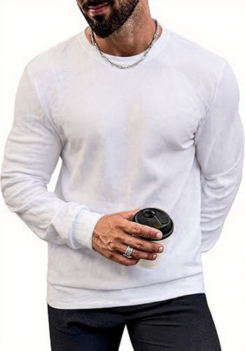 VOGSTART - Man Round Neck Long Sleeve T-Shirt Lightweight Knit Pullover Stretchy Solid Color T-Shirt