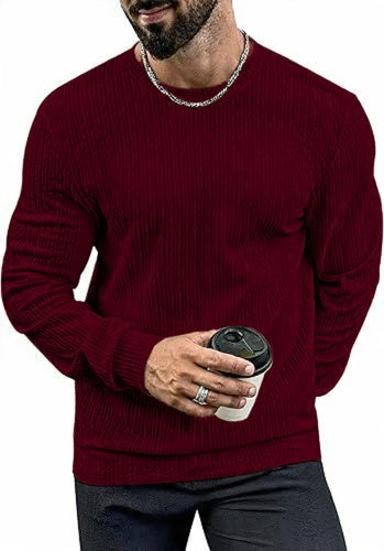 VOGSTART - Man Round Neck Long Sleeve T-Shirt Lightweight Knit Pullover Stretchy Solid Color T-Shirt